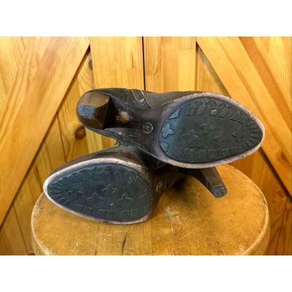 FRYE Sz 7.5M Harlow Distressed Brown Leather Laces Heeled Ankle Boots - Picture 8 of 11